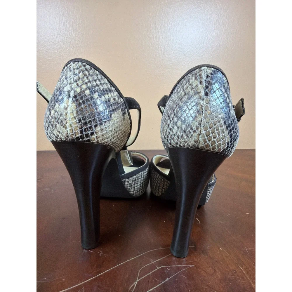 Michael Kors Snakeskin Embossed T-Strap Platform Peep Toe Heels Black Suede Trim